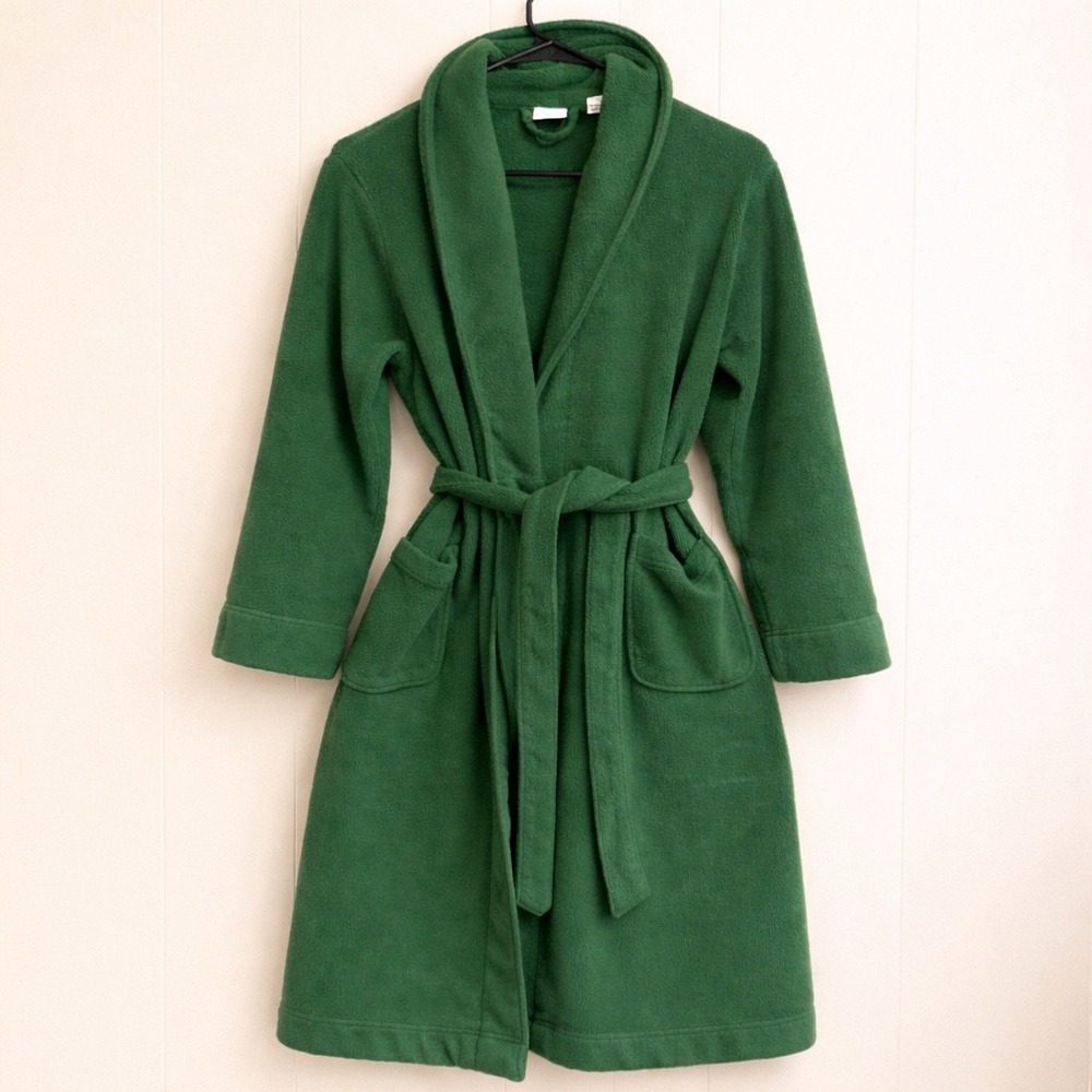 VTG L.L.Bean Fleece Robe Wom Petite Small Green Shawl Collar Belted S-PET 265960